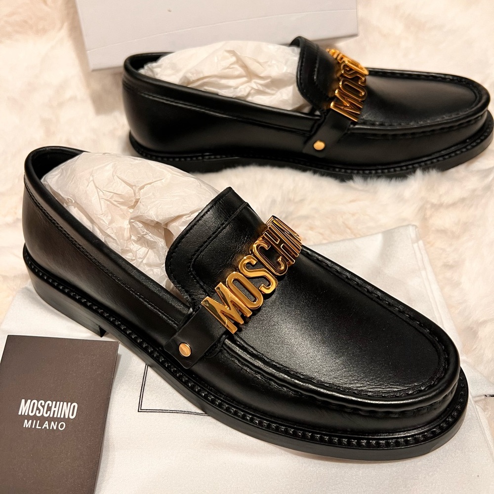 Moschino logo lettering leather loafers women size 7